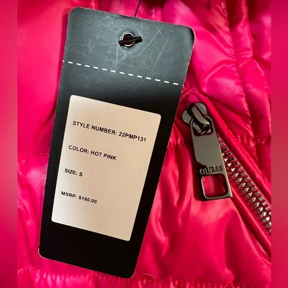 Guess NWT Stunning Show Stopping Hot Barbie Pink Mid-Length Puffer Hooded Coat - Picture 10 of 13